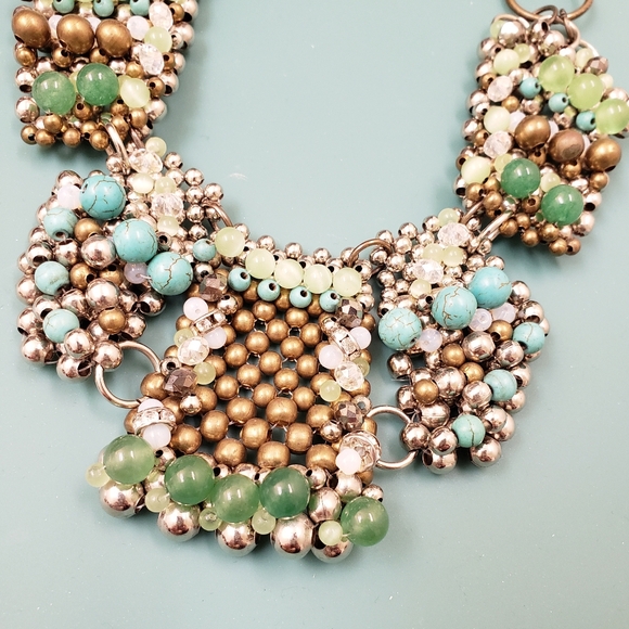 Pam Miran  green turquoise glass cats eye opalite beaded bib statemen necklace - Picture 8 of 14